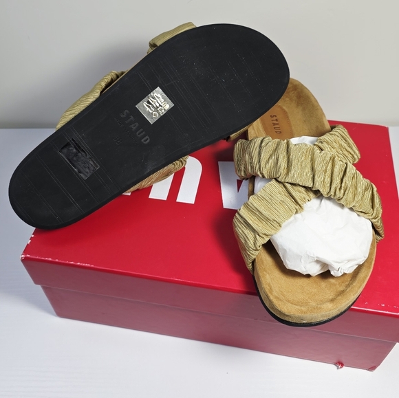 NWB STAUD Tan Ruching Criss Crossing Straps Women's Slip On Sandals Size 38 - Picture 7 of 9